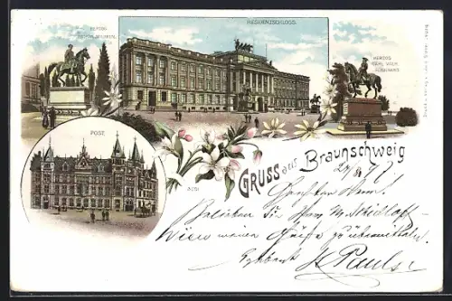 Lithographie Braunschweig, Herzog Friedr. Wilhelm, Residenzschloss, Herzog Carl Wilh. Ferdinand, Post