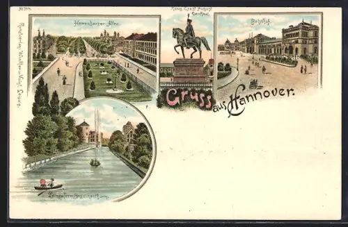 Lithographie Hannover, Leineufer mit Beguinenturm, Herrenhauser Allee, König Ernst August Denkmal und Bahnhof
