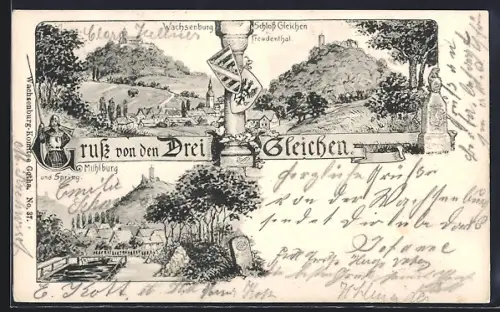Lithographie Wachsenburg, Schloss Gleichen u. Freudenthal, Mühlburg und Spring