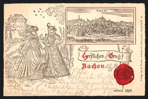Lithographie Aachen, Gesamtansicht mit feinen Damen auf einem Ausflug