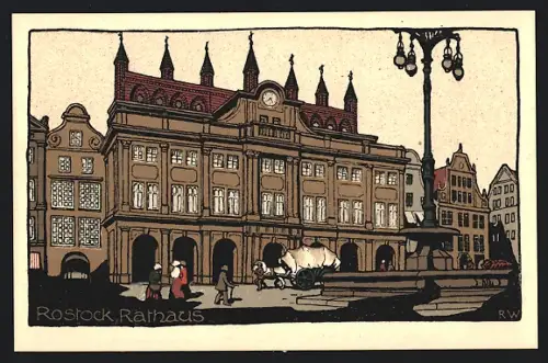 Künstler-Steindruck-AK Rostock, Rathaus mit Passanten