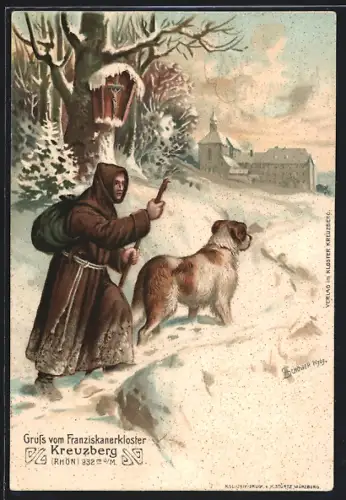 AK Kreuzberg / Rhön, Franziskanerkloster, Mönch im Schnee mit Bernhardinerhund