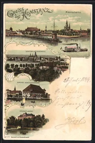 Lithographie Konstanz, Schloss Mainau, Ortsansicht von der Seestrasse