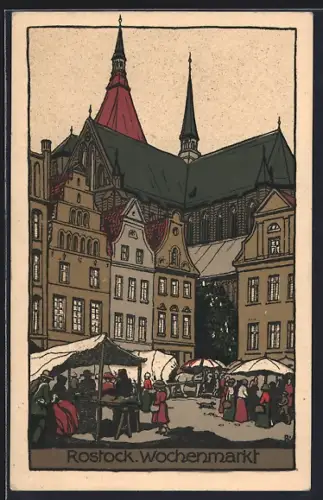 Steindruck-AK Rostock, Wochenmarkt mit geschäftigem Treiben