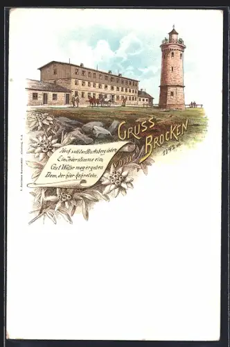 Lithographie Brocken, Partie an der Kaserne mit Soldaten und Pferdewagen