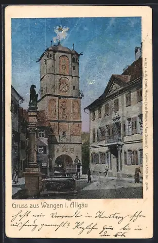 Luna-AK Wangen i. Allgäu, Ortspartie mit Turm und Brunnen