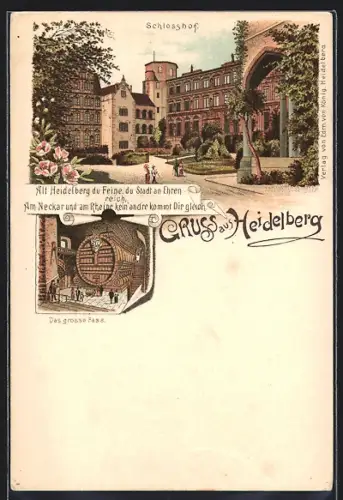 Lithographie Heidelberg, Schlosshof und das Grosse Fass