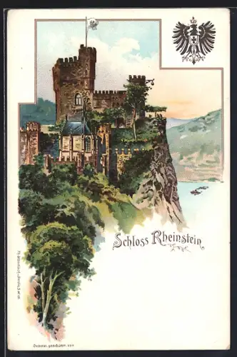 Lithographie Schloss Rheinstein, Totale und preussischer Adler