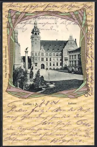 Passepartout-AK Coethen i. A., Blick zum Rathaus