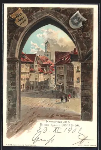 Lithographie Ravensburg, Blick durch das Oberthor
