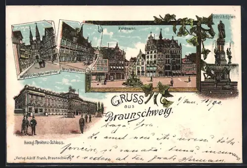 Lithographie Braunschweig, Kohlmarkt, Heinrich d. Löwe, Herzogl. Hofbräuhaus, Herzogl. Residenzschloss, Hagenbrücke