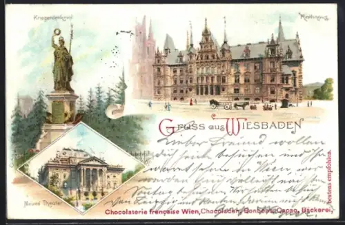 Lithographie Wiesbaden, Rathaus, Neues Theater und Kriegerdenkmal