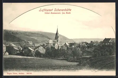 AK Schevenhütte, Ortsansicht mit Kirchturm, Hôtel-Restaurant von Jos. Roeb