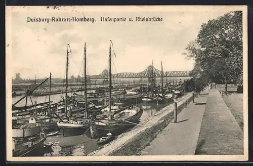 AK Duisburg-Ruhrort, Hafenpartie, Rheinbrücke