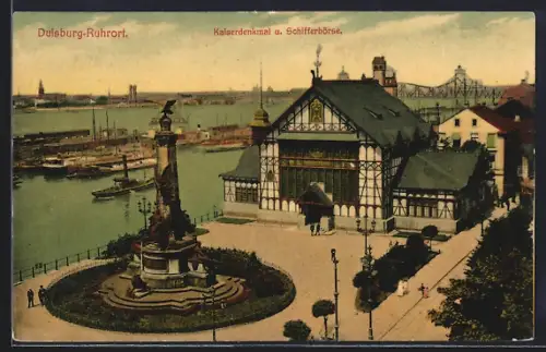 AK Duisburg-Ruhrort, Kaiserdenkmal, Schifferbörse, Hafen