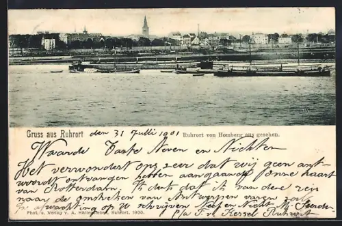 AK Ruhrort, Ansicht von Homberg aus, Schiffe, Rhein