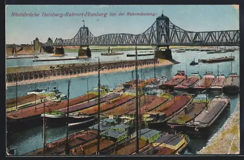 AK Duisburg-Ruhrort, Rheinbrücke, Rheinhafen, Schiffe