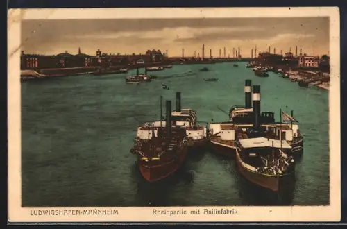 AK Ludwigshafen-Mannheim / Rhein, Rheinpartie mit Anilinfabrik, Raddampfer