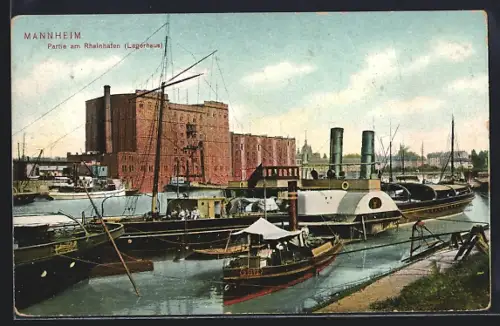 AK Mannheim, Partie am Rheinhafen, Lagerhaus, Schiffe