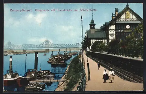 AK Duisburg-Ruhrort, Hafenpartie, Rheinbrücke, Schifferbörse