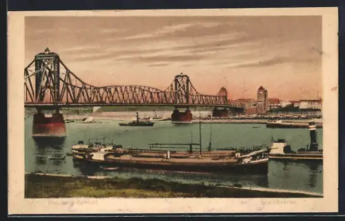 AK Duisburg-Ruhrort, Rheinbrücke, Schiffe