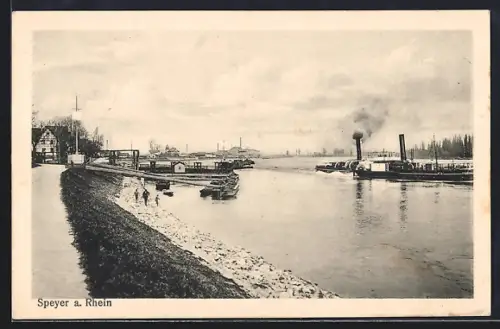 AK Speyer a. Rhein, Dampfschiffe am Rheinufer