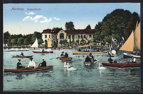 AK Nürnberg, Dutzendteich, Ruderboote, Segelboote, Ausflugslokal