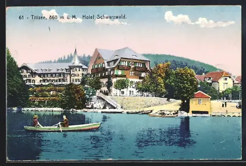 AK Titisee, Hotel Schwarzwald, Seeansicht mit Boot