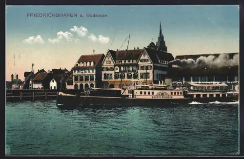 AK Friedrichshafen a. Bodensee, Dampfer Koenig Wilhelm am Anleger