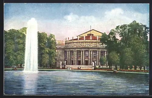 AK Stuttgart, Landestheater, Springbrunnen, Park