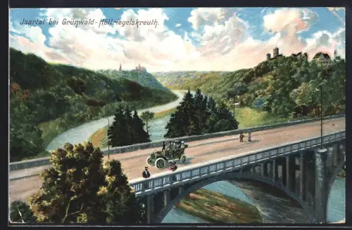 AK Grünwald-Höllriegelskreuth / München, Isartal mit Brücke, Burgen