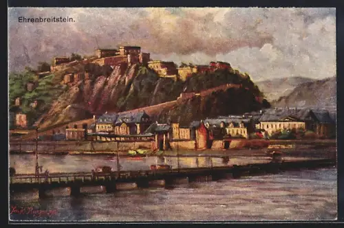Künstler-AK Ehrenbreitstein, Festung mit Schiffsbrücke