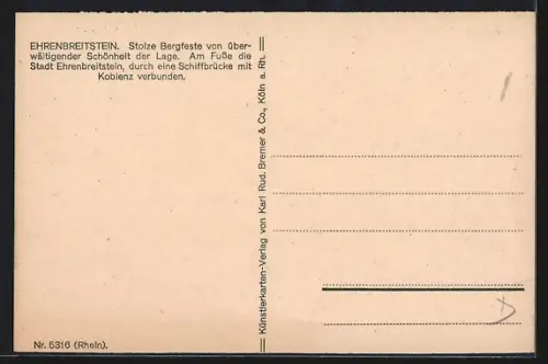 Künstler-AK Ehrenbreitstein, Festung mit Schiffsbrücke