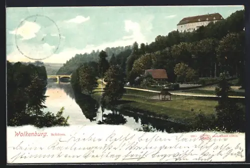 AK Wolkenburg, Schloss, Flusslandschaft mit Brücke