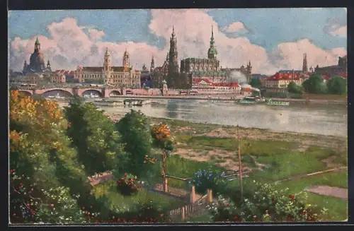 Künstler-AK Dresden-Neustadt, Blick vom Japanischen Palais auf Altstadt und Elbe