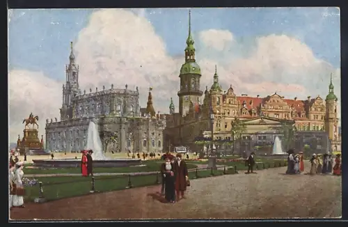 AK Dresden, König-Johann-Denkmal, Katholische Hofkirche, Königl. Schloss und Hauptwache