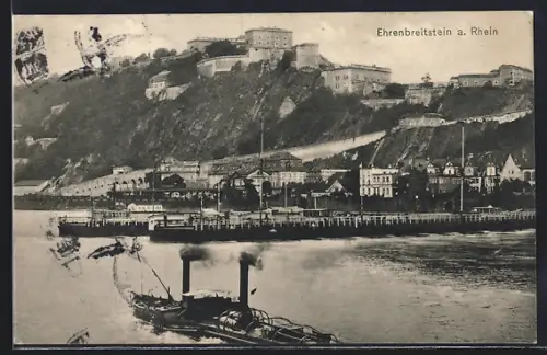 AK Ehrenbreitstein a. Rhein, Festung, Rheinansicht, Dampfschiff