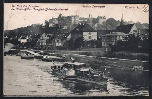 AK Pirna a. E., Schloss Sonnenstein, Dampfer der Sächs.-Böhm. Dampfschiffahrts-Gesellschaft