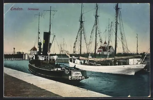 AK Emden, Schleuse, Dampfschiff Seewolf