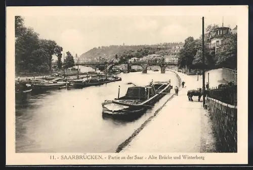 AK Saarbrücken, Partie an der Saar, Alte Brücke, Winterberg