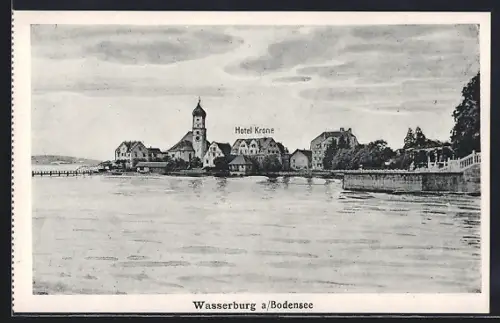 AK Wasserburg a. Bodensee, Hotel Krone, Kirche, Uferansicht