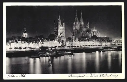 AK Köln a. Rh., Rheinfront, Dom-Beleuchtung