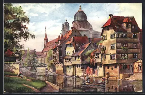 Künstler-AK Nürnberg, Insel Schütt, Altstadt