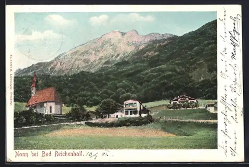 AK Nonn bei Bad Reichenhall, Kirche, Gasthaus, Gebirgslandschaft