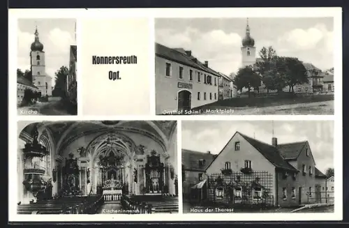 AK Konnersreuth /Opf., Kirche, Gasthof Schiml am Marktplatz, Haus der Therese