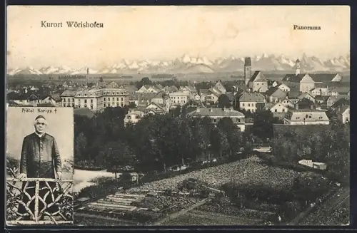 AK Wörishofen, Panorama, Porträt Prälat Kneipp