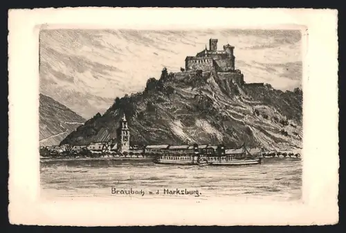 Künstler-AK Braubach, Ortsansicht mit der Marksburg