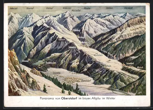AK Oberstdorf /bayer. Allgäu, Panorama mit Biberkopf, Walsertal und Tiefenbach