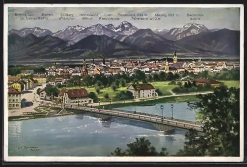 AK Rosenheim, Stadtansicht mit Innbrücke und Alpenpanorama
