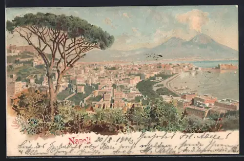 Lithographie Napoli, Blick über die Dächer der Stadt auf den Vesuv